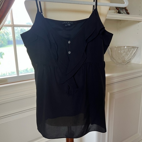 Theory black Silk spaghetti strap mini babydoll ruffle top size small EUC - Picture 2 of 8